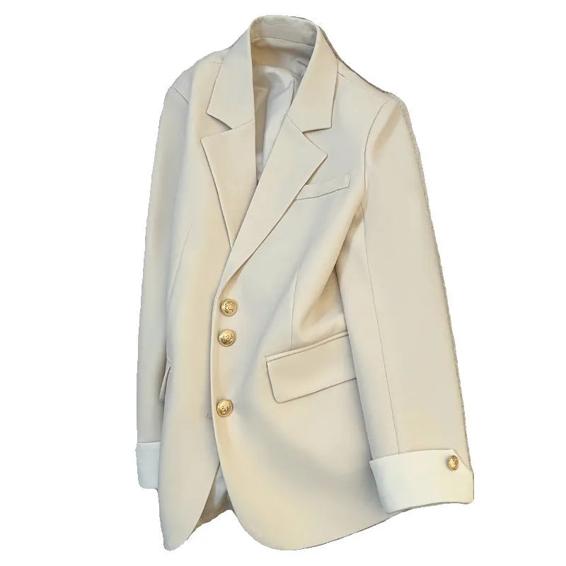 Korean style loose fit women's coat in milky white, showing front view with pockets.