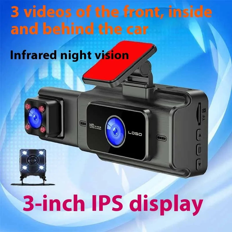 Black 3 lens dashboard camera for car windshield with 3 inch screen.