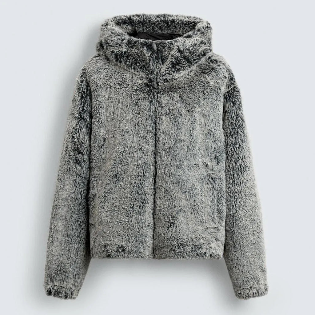 Grey green hooded faux fur jacket coat for men with side pockets and tie-dye pattern