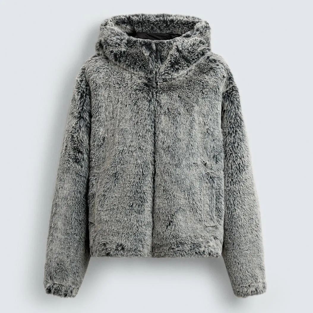Grey green hooded faux fur jacket coat for men with side pockets and tie-dye pattern