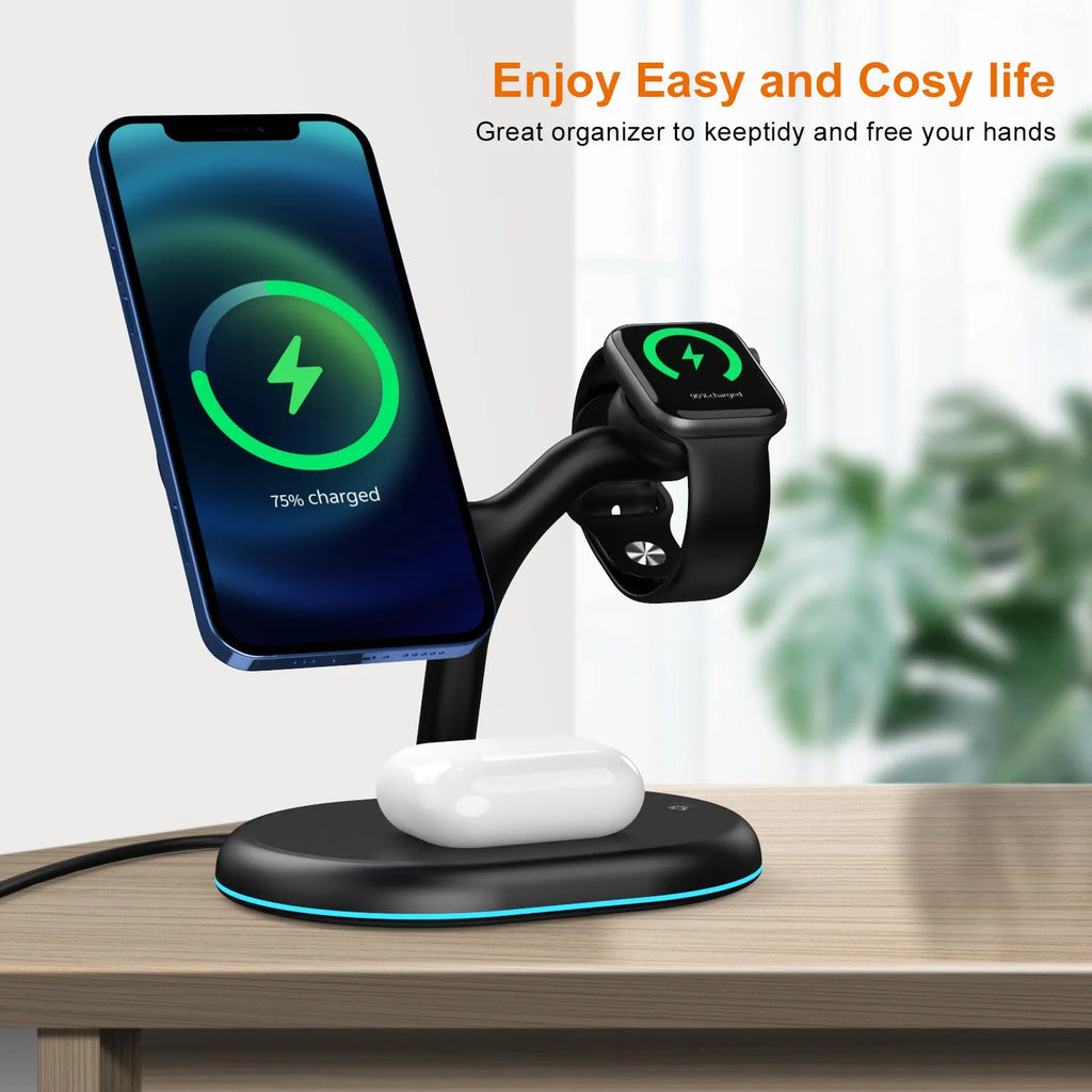 Black magnetic wireless charger with three-in-one functionality and ABS plastic construction