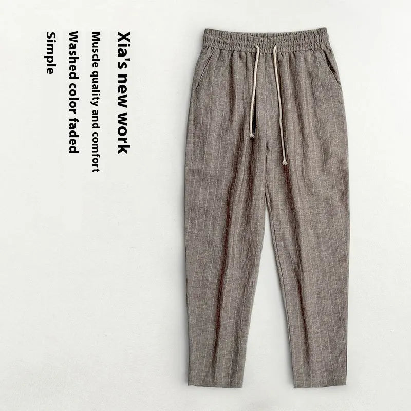 Men's lightweight linen casual trousers with stripe pattern and cropped leg length