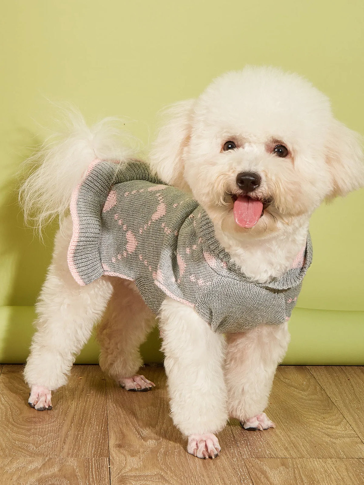Small dog knit hoodie dress sweater with heart design in blue, gray, pink, or red, sizes XS to L