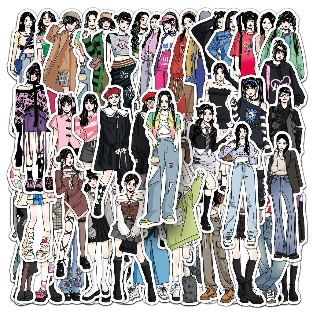 50 hand-painted graffiti cartoon stickers featuring fashion costume designs on a white background
