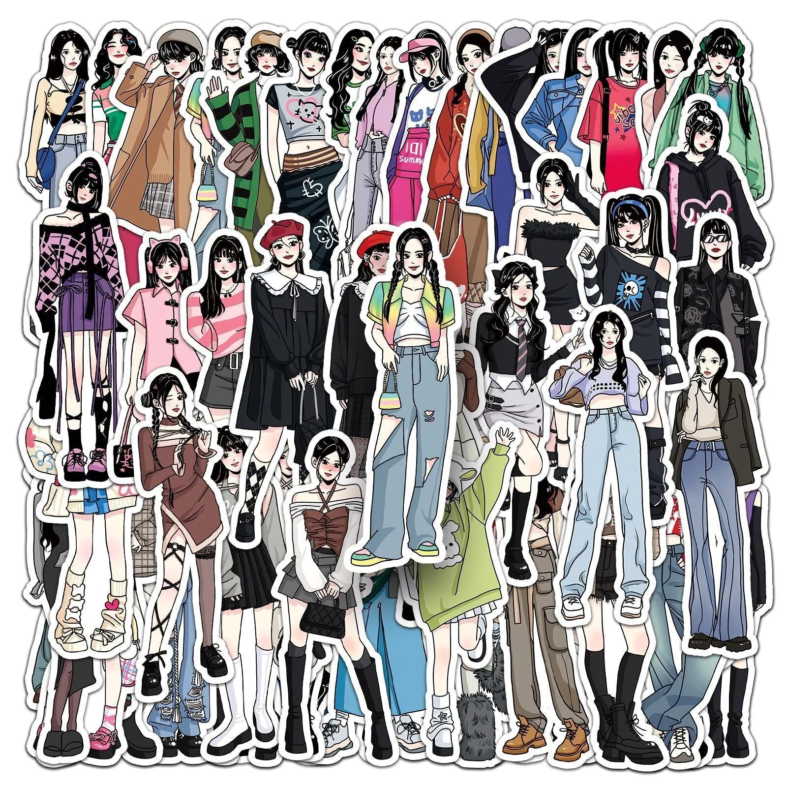 50 hand-painted graffiti cartoon stickers featuring fashion costume designs on a white background