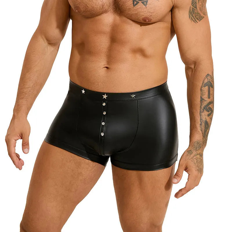 Black PU leather men's U-pouch shorts showing front design and leather-like appearance
