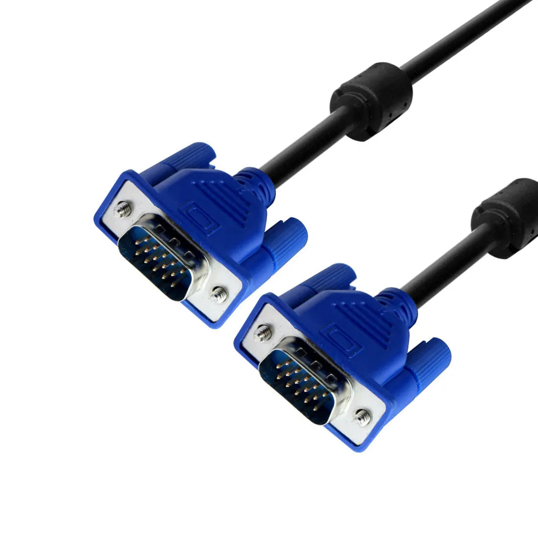 Black VGA cable with blue moulded heads measuring 1.5 metres for computer monitor connections
