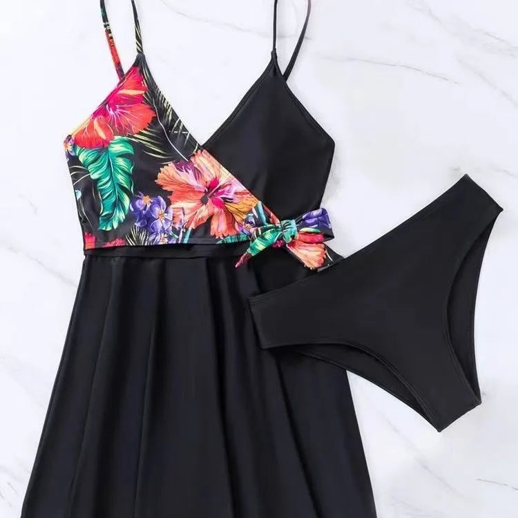 Black women's high waist briefs printed split bikini swimsuit for sports and swimming activities