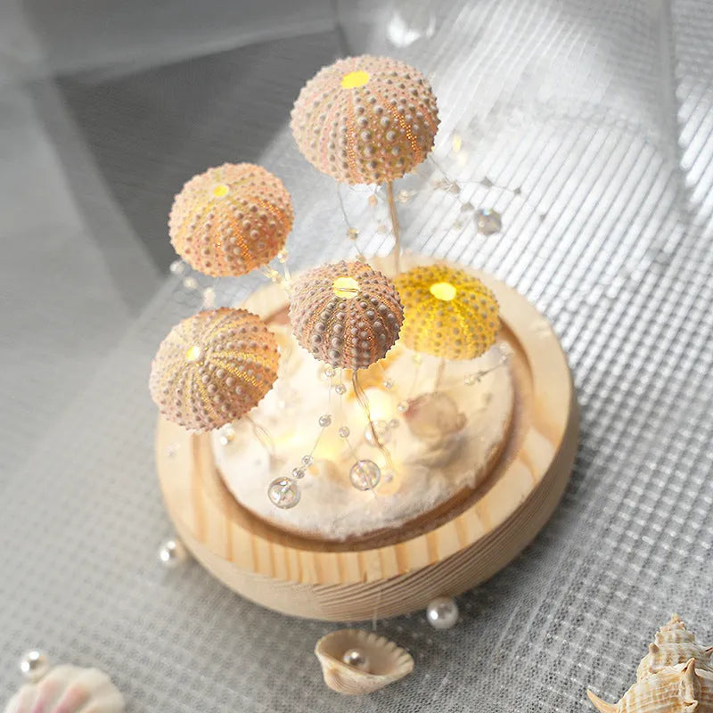 Handmade sea urchin shell jellyfish lamp inside a cylindrical clear glass cover, creative night light with built-in battery
