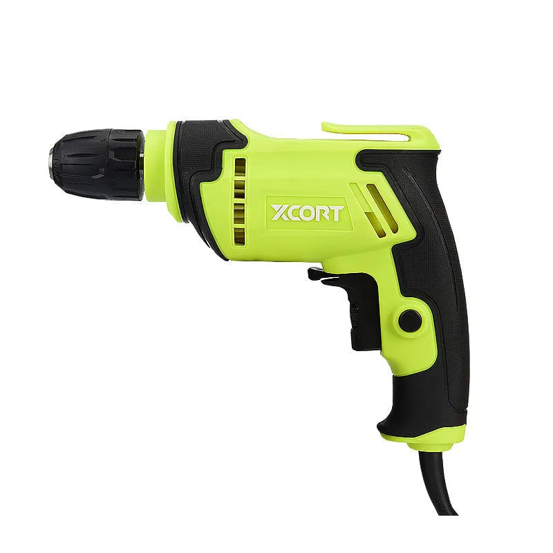 450W pistol-grip electric drill with keyed chuck on a workbench.