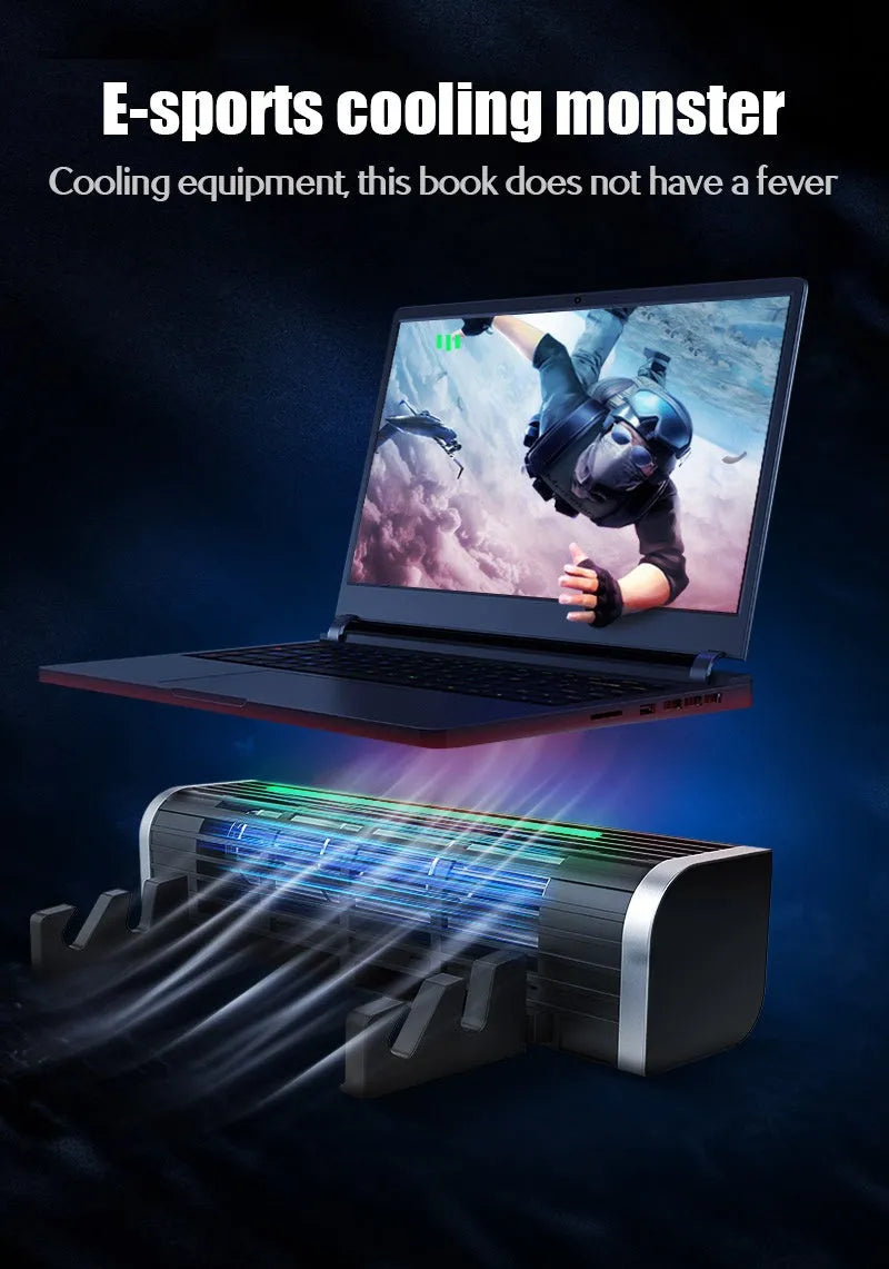Black notebook cooling pad with adjustable speed fan for laptops, showing dimensions and USB cable.