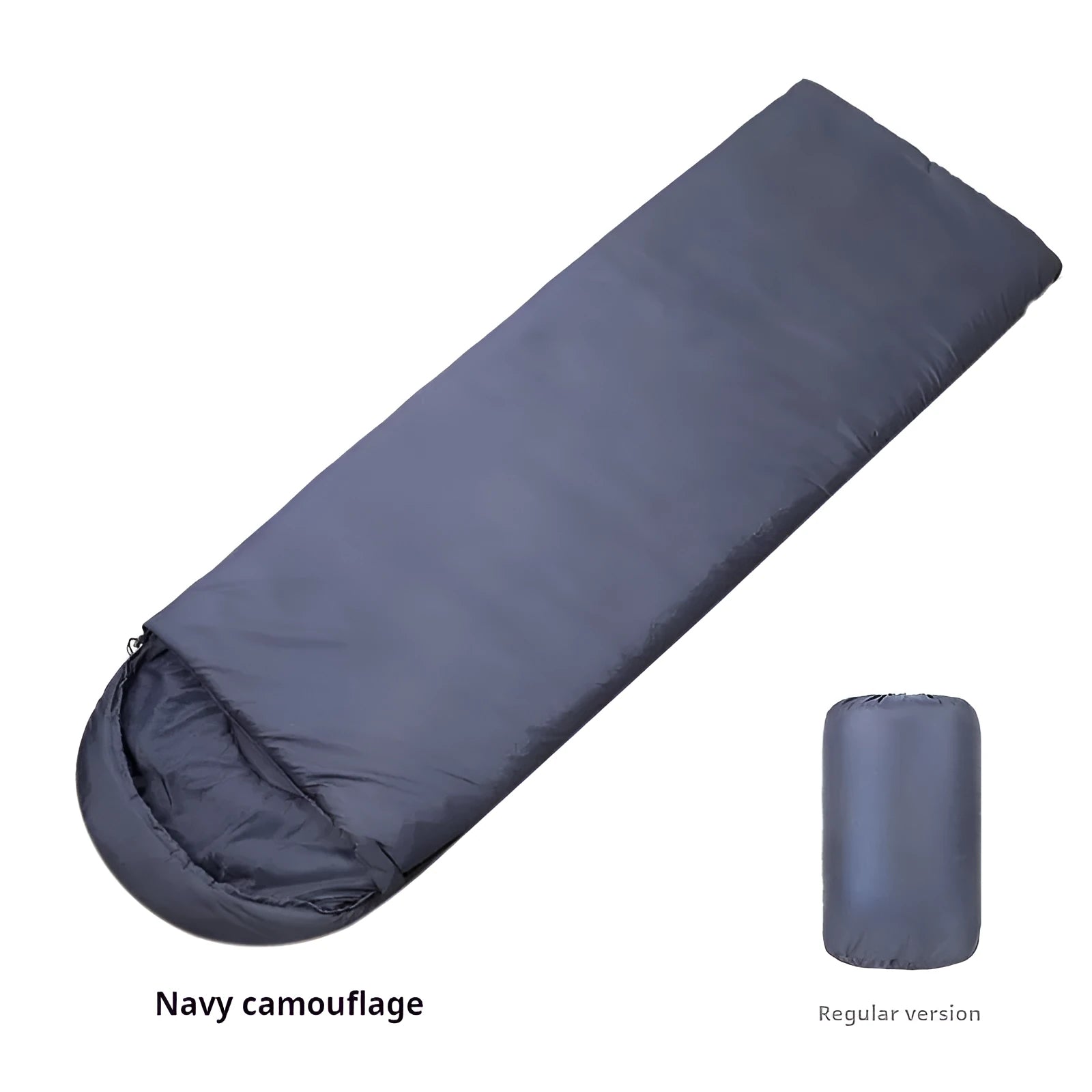 Navy blue envelope camping sleeping bag with hollow cotton fibre insulation for winter conditions