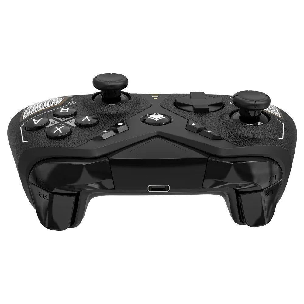 Black wireless game controller with leather pattern texture for Nintendo, PC, and smartphone.