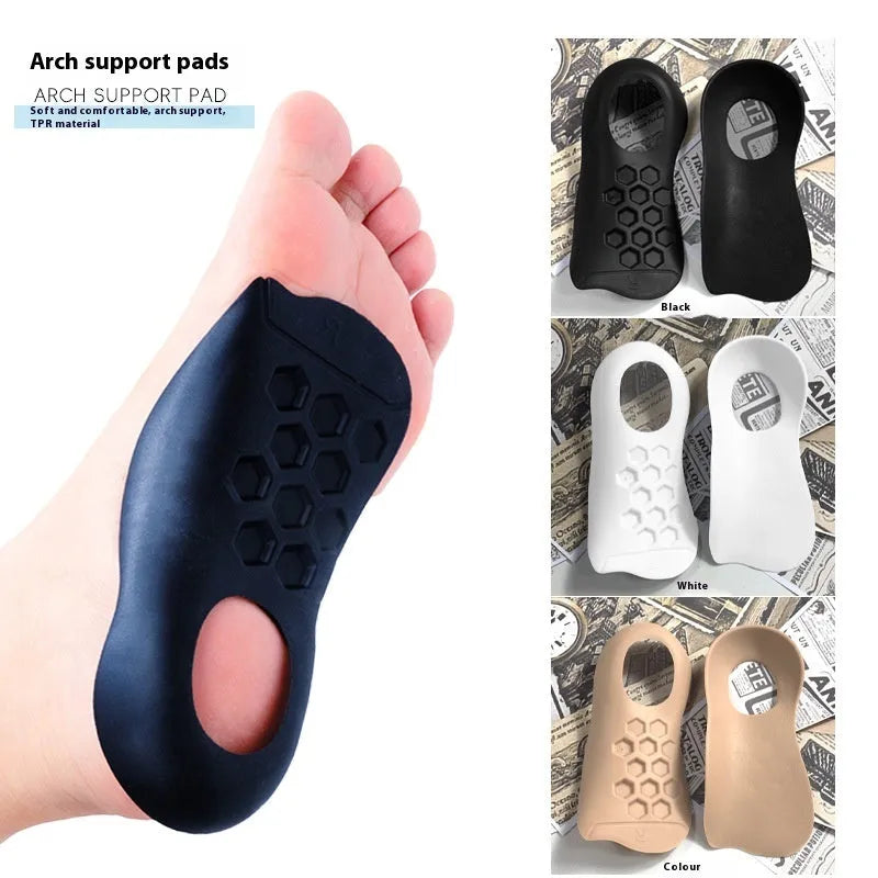 Varus correction arch support insole in TPR material shown in white, black, and skin colour options.
