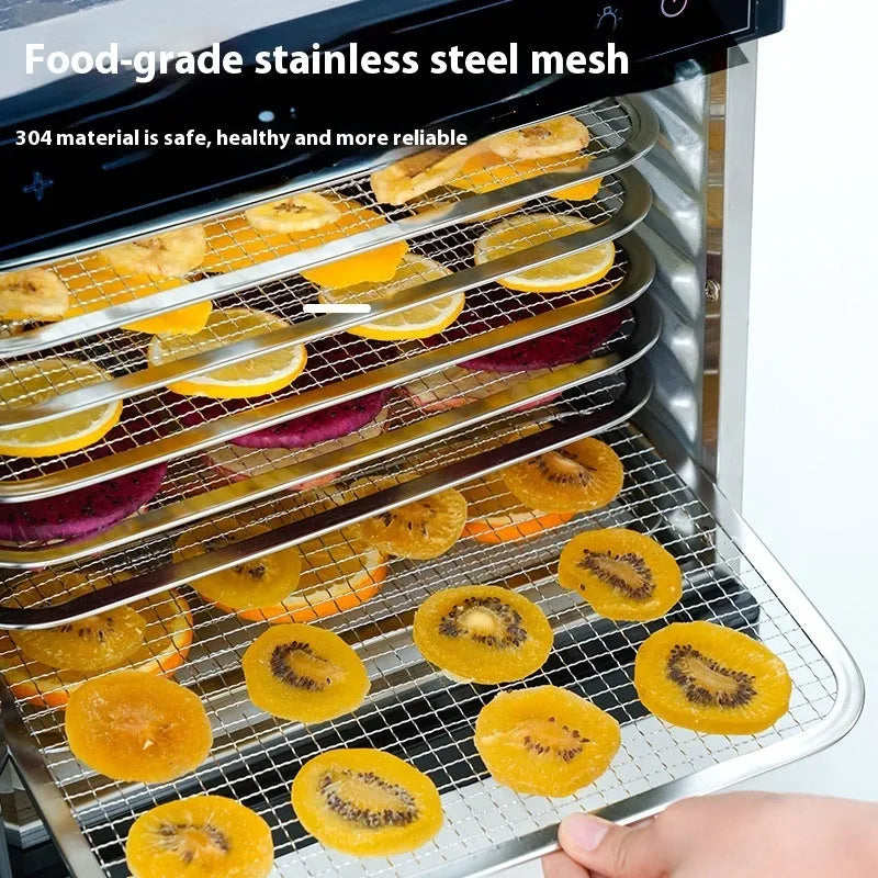Stainless steel food dehydrator machine with multiple trays and an LED control panel.