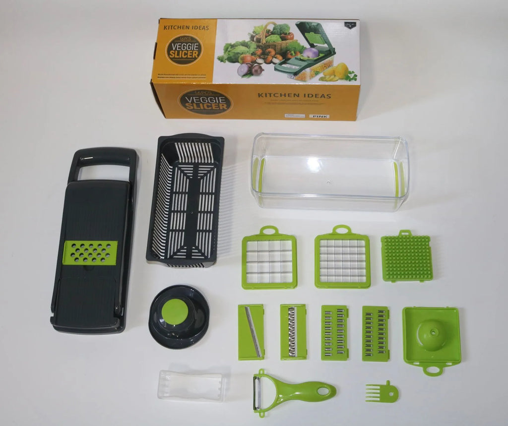 Grey stainless steel vegetable cutter set with 8 interchangeable blades, hand guard and accessories, 33.5x10x12.5cm