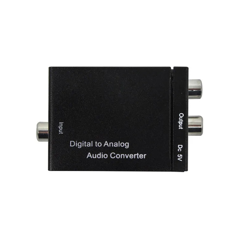 Black analog to digital audio converter with coaxial and optical inputs and RCA output for TV speaker