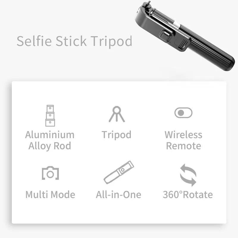 Black aluminium tripod selfie stick for iPhone extended to its full length.