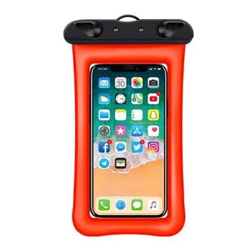 A coloured waterproof phone pouch with a neck rope, shown on a blue background.