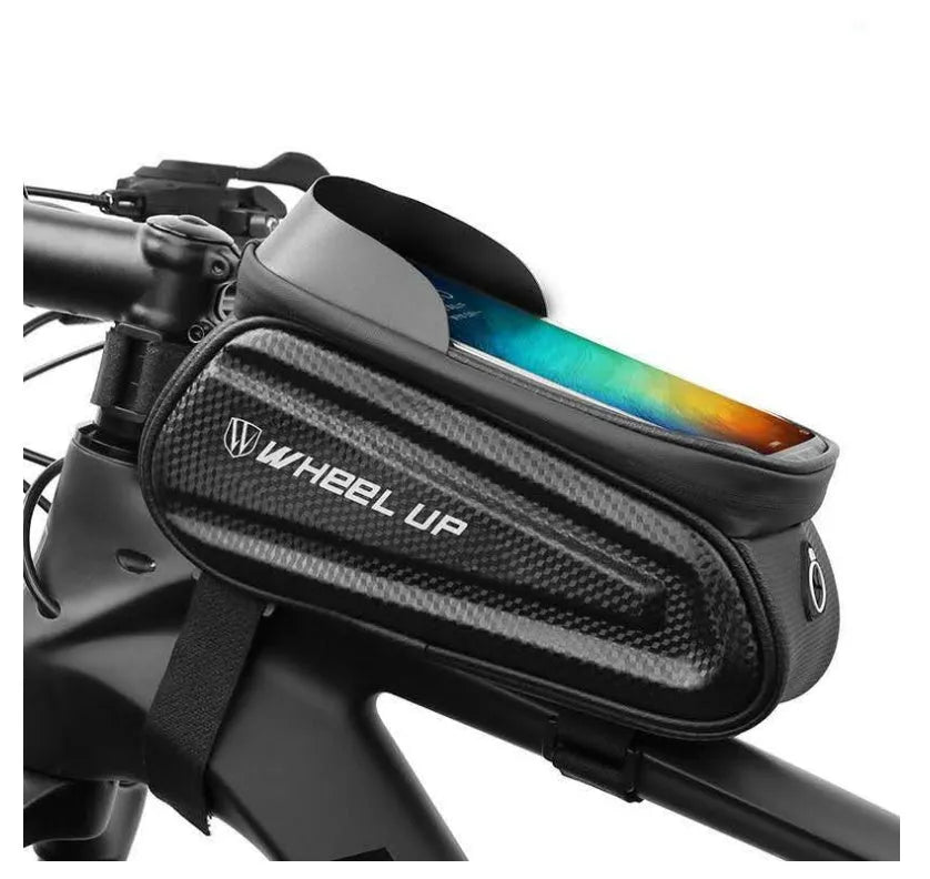 Black grey bicycle bag with reflective strips and Velcro straps for mountain bike mobile phone storage
