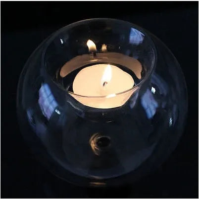 Handmade round hollow glass candle bowl in European style, shown in 8cm, 10cm, and 12cm diameter options.