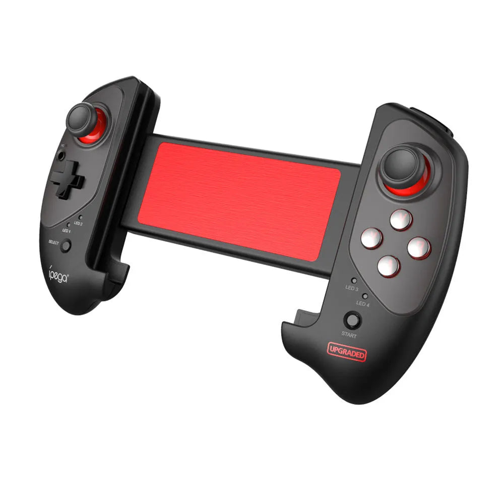 Red telescopic gamepad controller showing USB port and mobile device holder