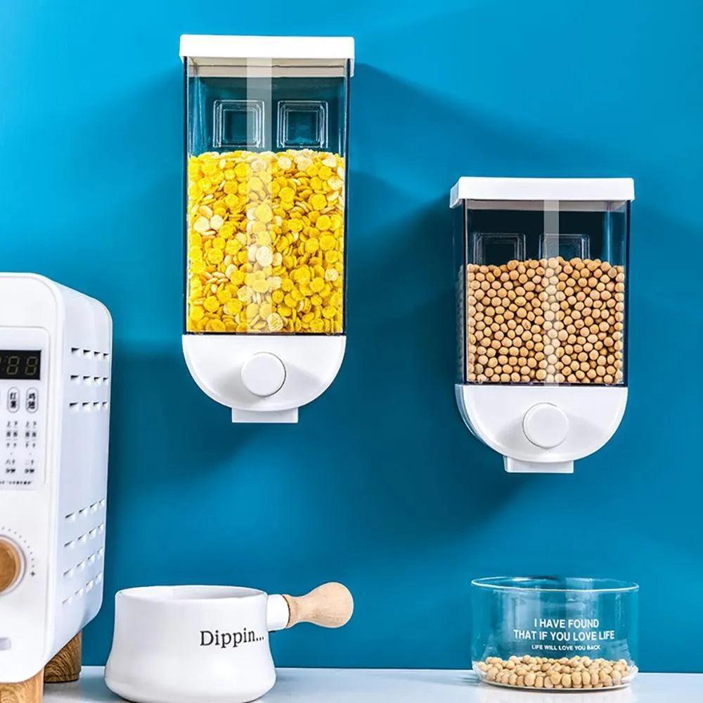 White wall-mounted transparent food storage box cereal dispenser on kitchen wall