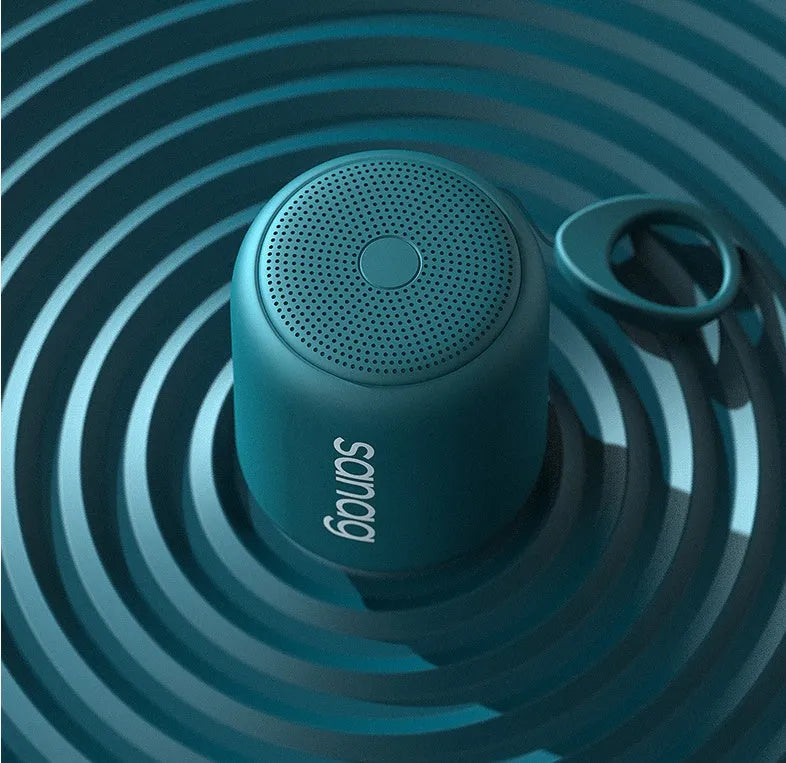 Green Bluetooth speaker with mesh grille, compact 75x88mm size, wireless portable audio device