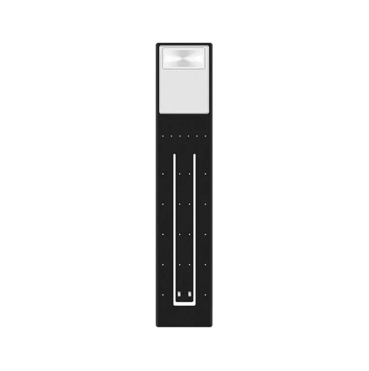 Black plastic folding LED reading lamp shown open and closed, highlighting its thin 9mm profile.