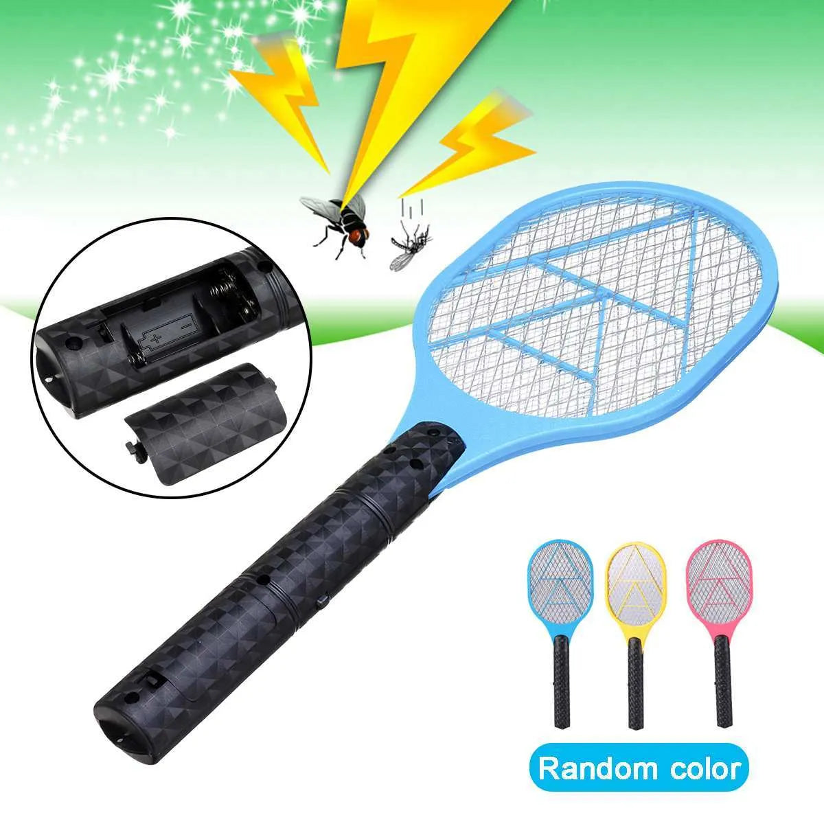 Blue handheld battery electric mosquito swatter with a 45cm long handle and a three-layer metal grid.