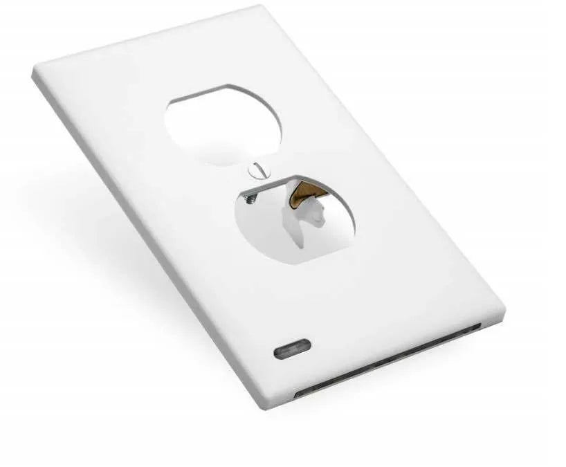 White plug-in LED night light installed in a wall socket as an automatic sensor light for dark hallways.