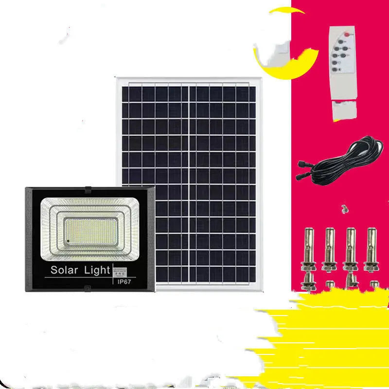 Black solar-powered LED flood light with remote control for outdoor use.