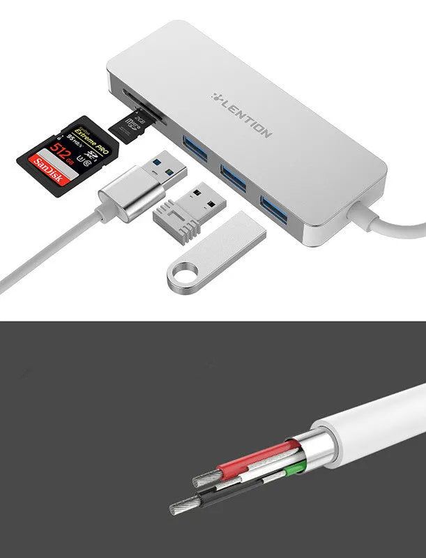 USB 3.0 hub with 3 USB ports, SD and TF card slots, 11.4cm cable, dark grey