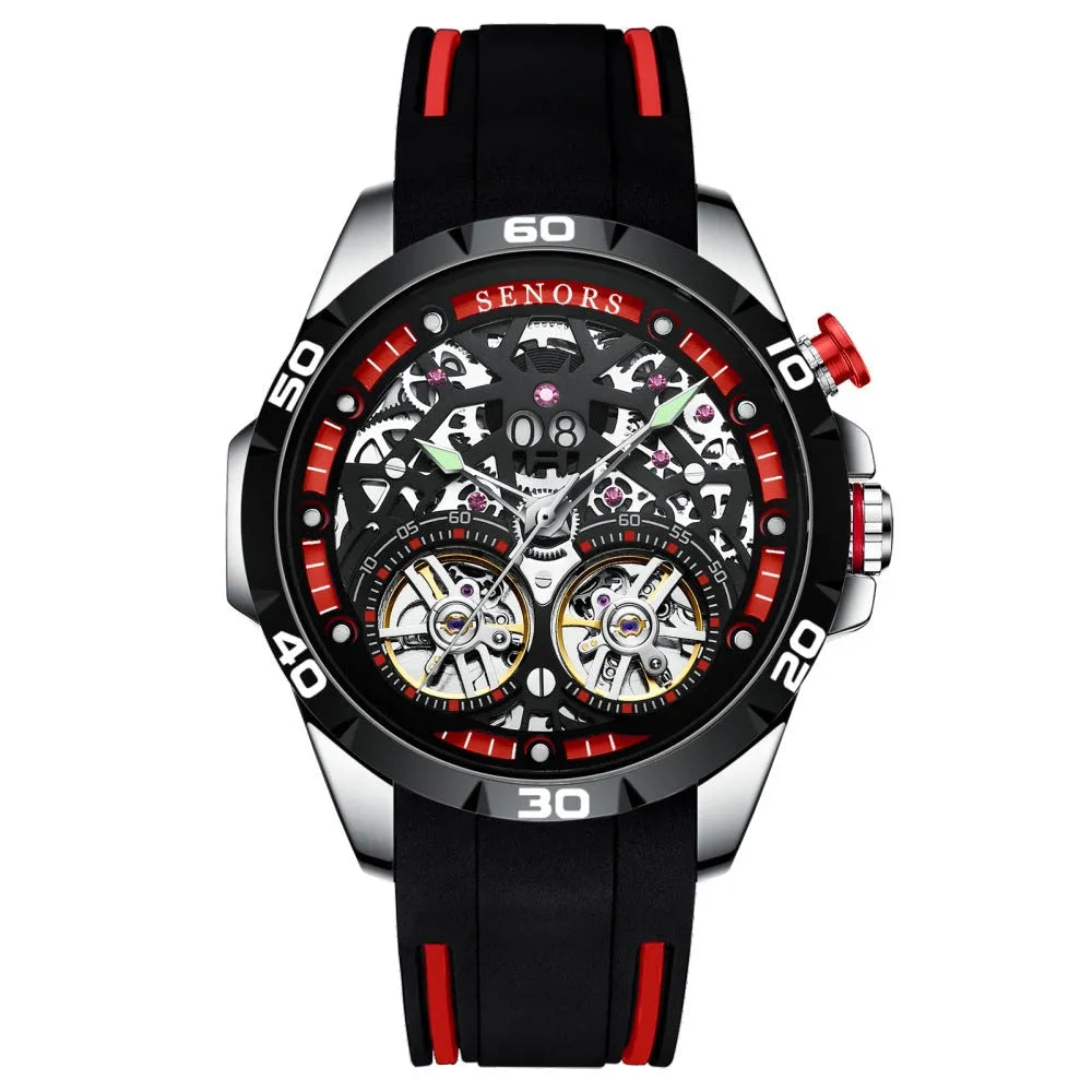 Blue automatic mechanical men's watch with luminous hands and a hollow skeleton dial on a wrist.