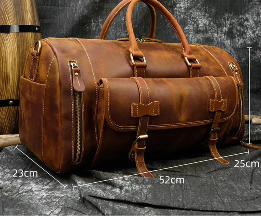 Retro crazy horse leather travel bag 22 inch 36-55L first layer cowhide in red brown or dark brown