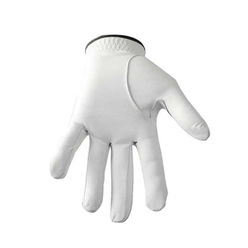 Men's white golf glove with half sheepskin palm showing non-slip texture