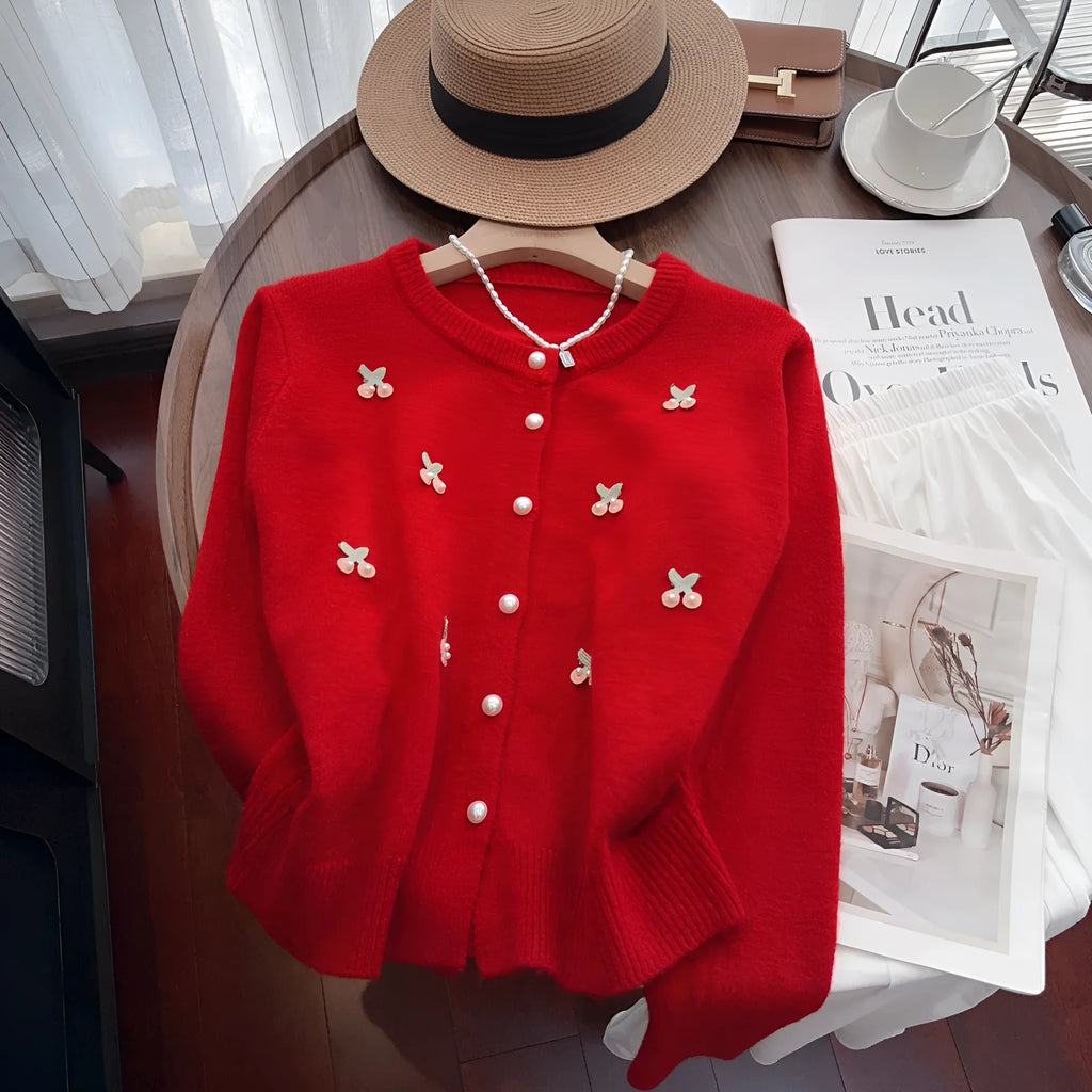 Women's beaded cashmere cardigan in slim fit free size showing round neck and decorative detail
