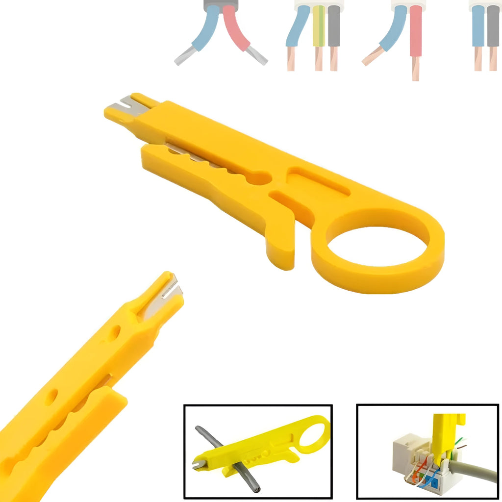 Yellow mini portable wire stripper tool for 0.6mm cables on a workbench.