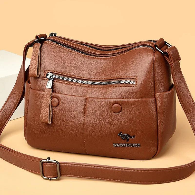 Soft leather PU crossbody bag in horizontal square shape with multiple compartments