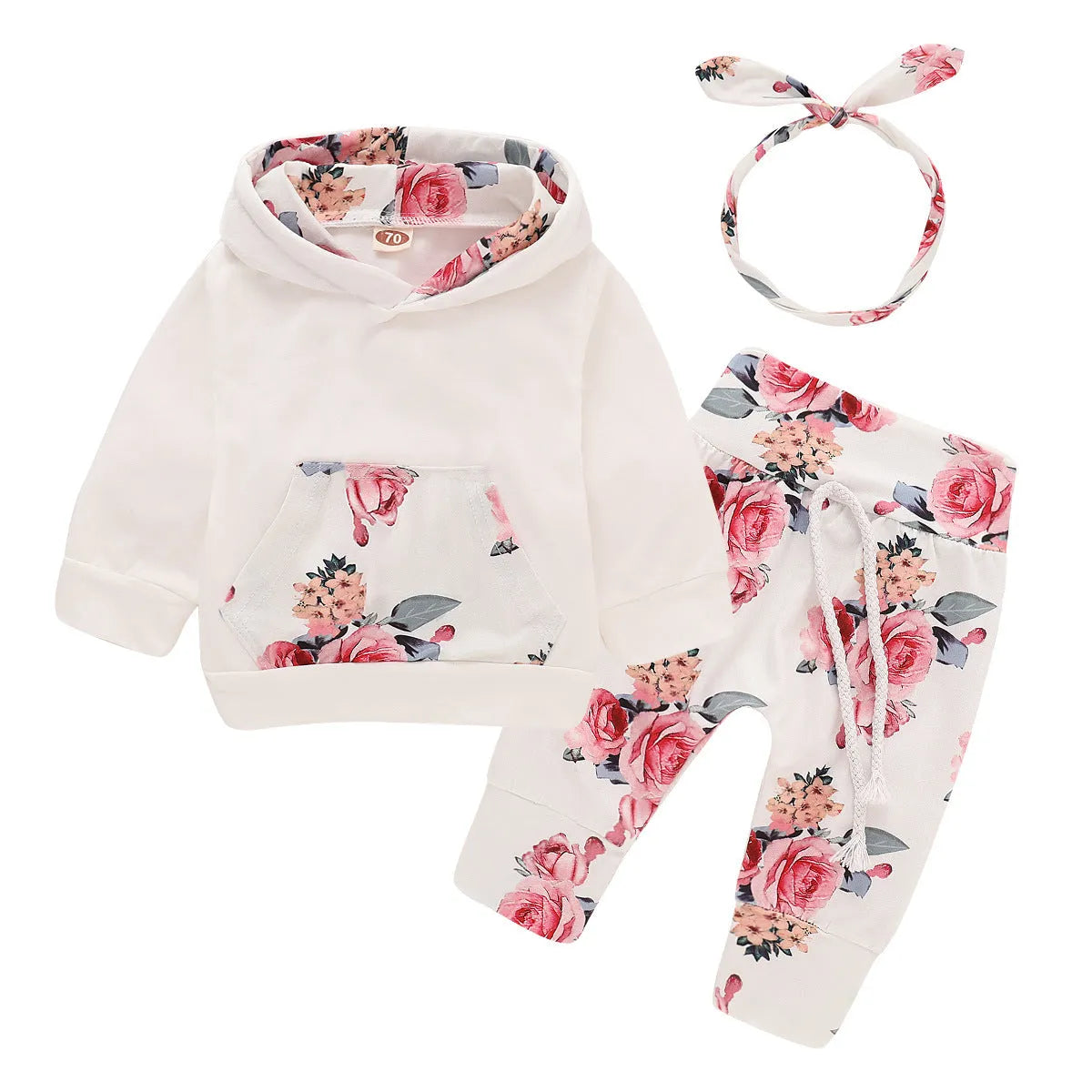 White 100% cotton hooded playsuit for a baby, showing long sleeves, trousers, and pullover neck.