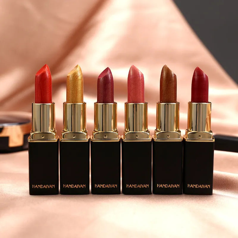 Pearlescent thermochromic lipstick in a standard bullet format with colour-shifting finish, available in nine shades