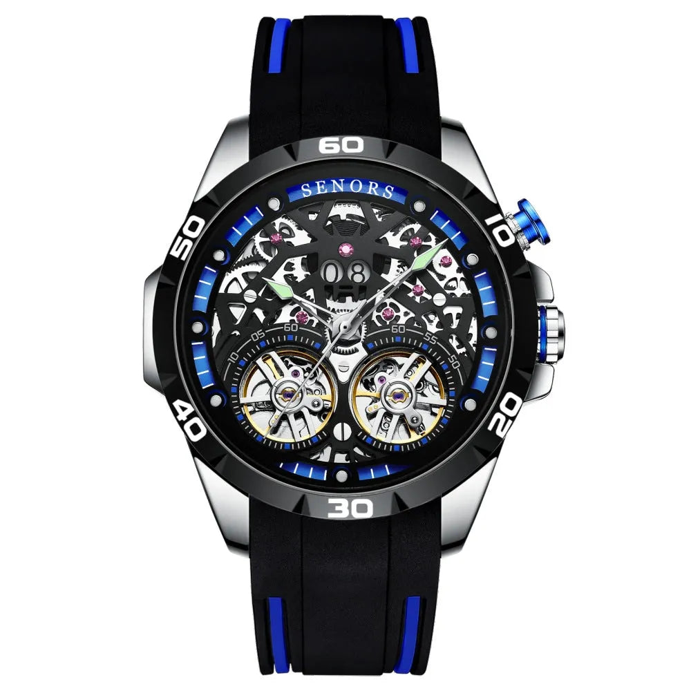 Blue automatic mechanical men's watch with luminous hands and a hollow skeleton dial on a wrist.