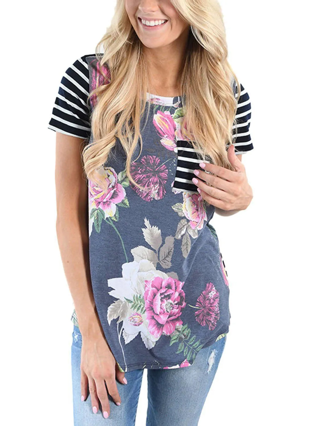 Striped summer breastfeeding top, short sleeve round neck pullover maternity nursing T-shirt in green, grey, light green or navy blue