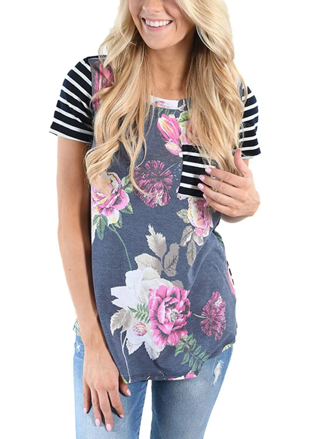 Striped summer breastfeeding top, short sleeve round neck pullover maternity nursing T-shirt in green, grey, light green or navy blue