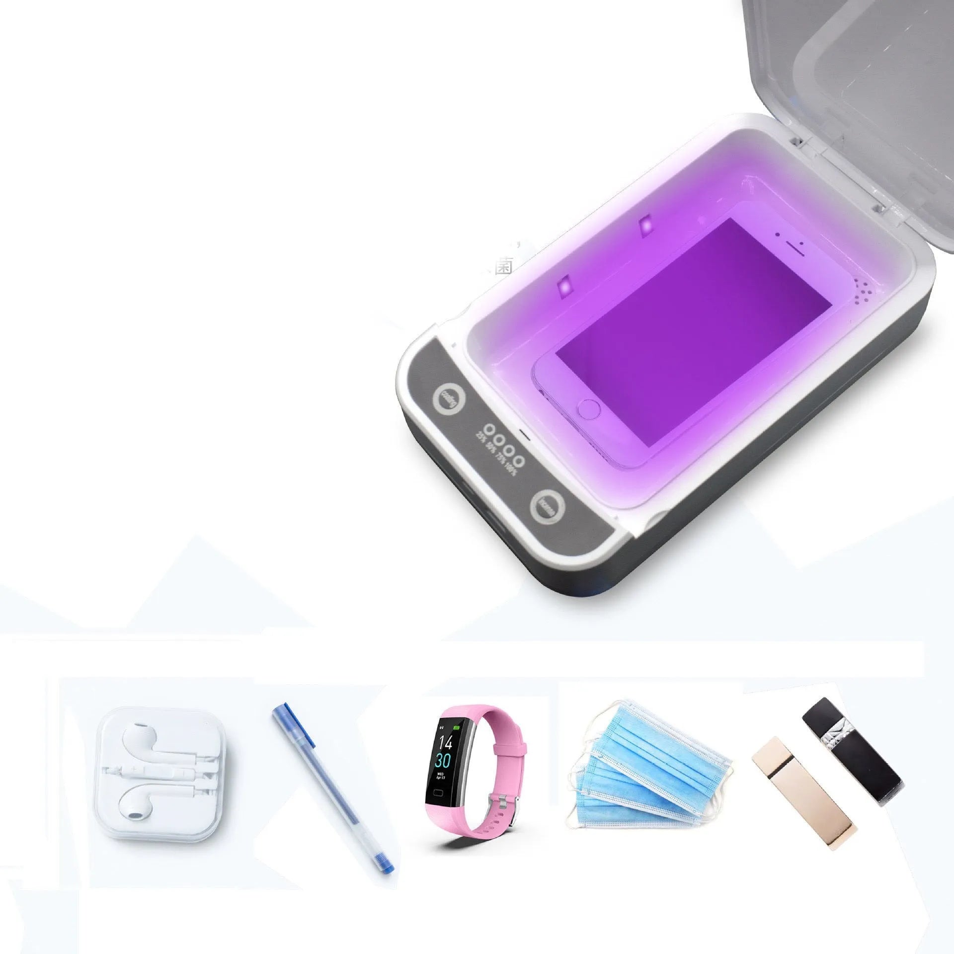 UV disinfection box open, showing internal chamber sized for a mobile phone.