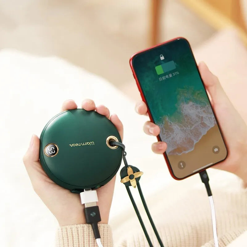 Green square power bank with digital display showing battery percentage, with a USB cable.