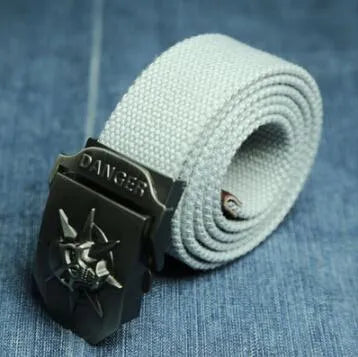 Men's canvas belt with metal skull buckle, available in multiple colours, 110x3.8cm