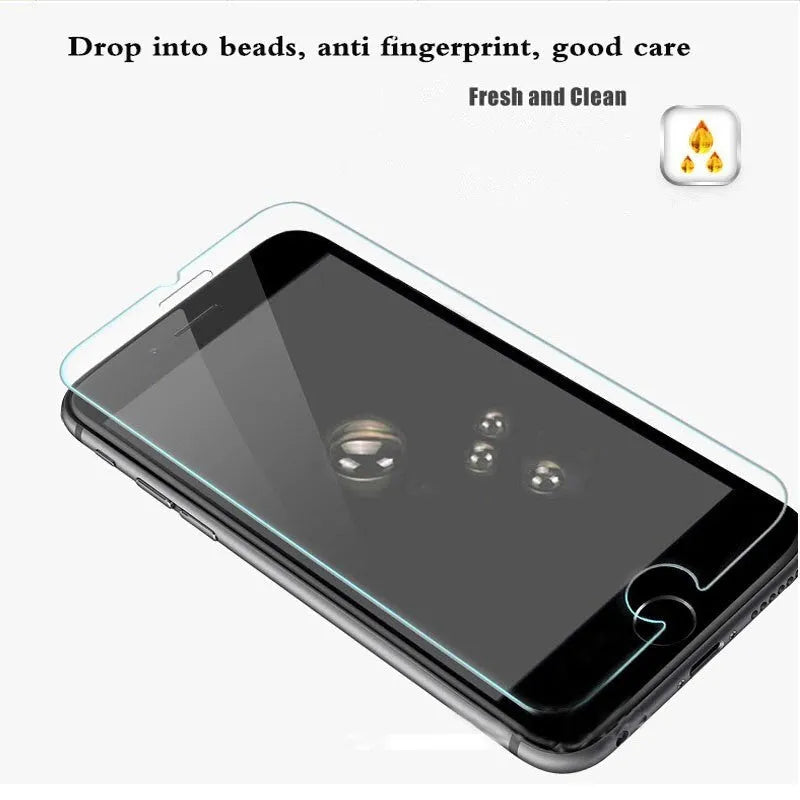 Tempered glass screen protector with 9H hardness for smartphones on a clean surface.