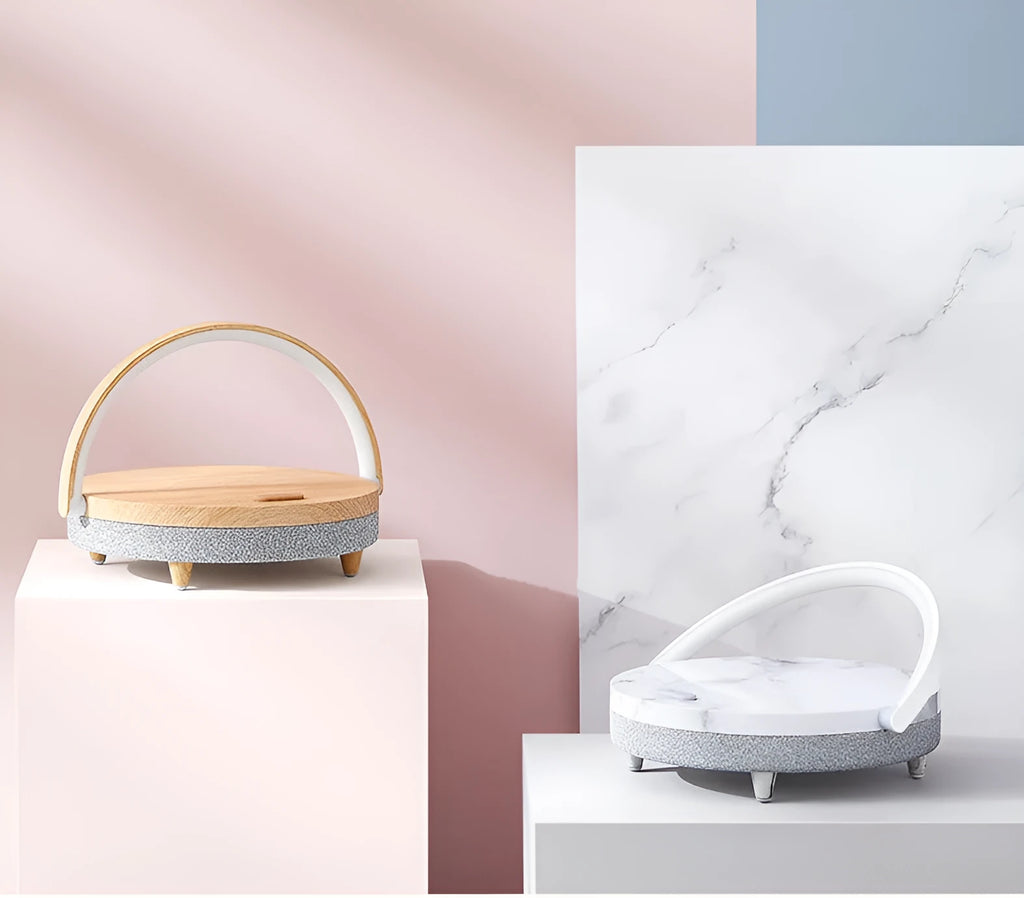 Multi-function wireless charging night light with Bluetooth speaker in marbling colour, ABS+PP build, 191x203x55mm