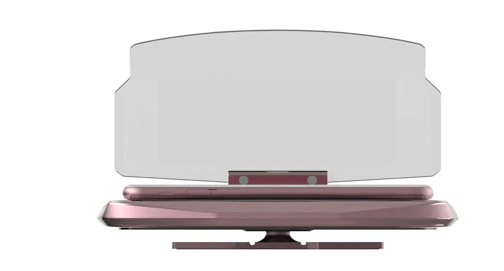Black car HUD navigation bracket with reflective film and 3M adhesive feet on a dashboard